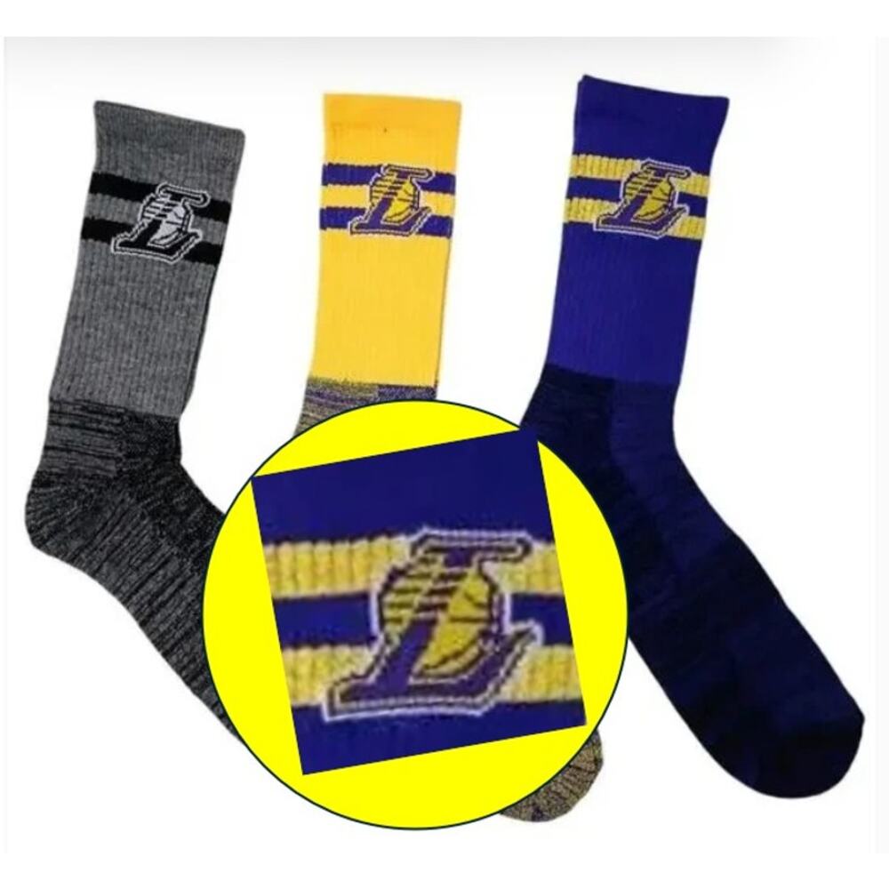 3 Pairs NBA‎ LAKERS Los Angeles CREW Men's Size 6-12 Sporty Tube Socks Official